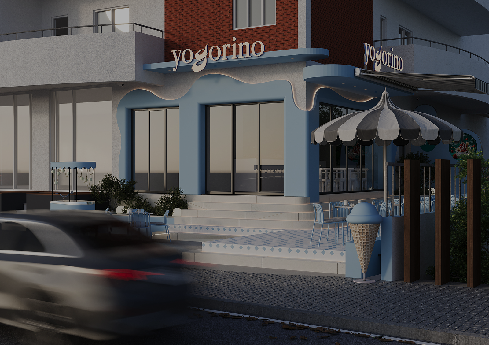 design jogurterie moderne ne Tirane, projekt fasade per dyqan frozen yogurt, studio arkitekture per biznese ne Tirane, dizajn ambienti per cafe dhe jogurteri, exterior design for yogurt shop, best architecture studio Tirana Albania, cafe and yogurt shop design concept, modern retail facade design Albania