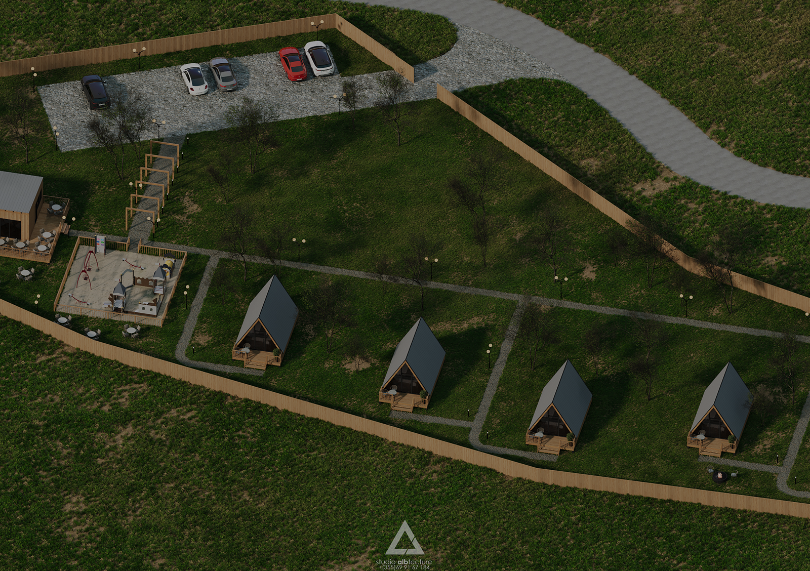 Ky projekt përfaqëson një kompleks glamping të projektuar si një resort i vogël pushimi, plotësisht i integruar me natyrën dhe me qasje të fortë ndaj arkitekturës së qëndrueshme. I zhvilluar nga Studio Albtecture, projekti përfshin një masterplan funksional, ku çdo element — nga vendosja e shtëpizave prej druri, deri te zonat e përbashkëta dhe peizazhi — është menduar për të krijuar një përvojë të qetë dhe komode për vizitorët. Struktura përbëhet nga 5 kabina druri (A-frame cabins) të konceptuara për akomodim individual, një zonë rekreative për fëmijë, një ndërtesë shërbimesh me kafe/restaurant, si dhe një sistem qarkullimi të brendshëm të ndërtuar me kujdes për të ofruar komoditet dhe siguri. Projekti është zhvilluar si një eco-resort, duke përdorur materiale natyrore, duke respektuar terrenin ekzistues dhe duke integruar elementë të peizazhit funksional, përfshirë pemë dekore, shtigje ekologjike, ndriçim ambienti dhe hapësira sociale. Falë organizimit të tij racional, projekti krijon një planimetri të qartë dhe efikase, ideale për zhvillues që kërkojnë të investojnë në turizëm natyror, glamping, bungalow resorts, komplekse agroturizmi, ose projekte të vogla hotelerie. Renders-at e realizuara shfaqin qartë arkitekturën, planifikimin, peizazhin dhe atmosferën e përgjithshme të projektit, duke e bërë këtë një shembull ideal të projektimit arkitekturor bashkëkohor, të kombinuar me estetikë minimaliste dhe zgjidhje funksionale.