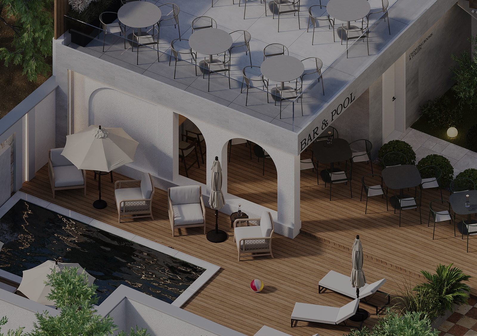 architecture in Tirana, architecture in Albania, modern architecture, architecture studio Albania, landscape architecture, outdoor design, terrace design, rooftop terrace, bar and pool design, landscape oasis, garden terrace, urban oasis, modern courtyard design, minimal design, Mediterranean style, natural materials, contemporary architecture, sustainable design, studio arkitekture Shqipëri, projekt arkitekture Tiranë, dizajn peizazhi modern