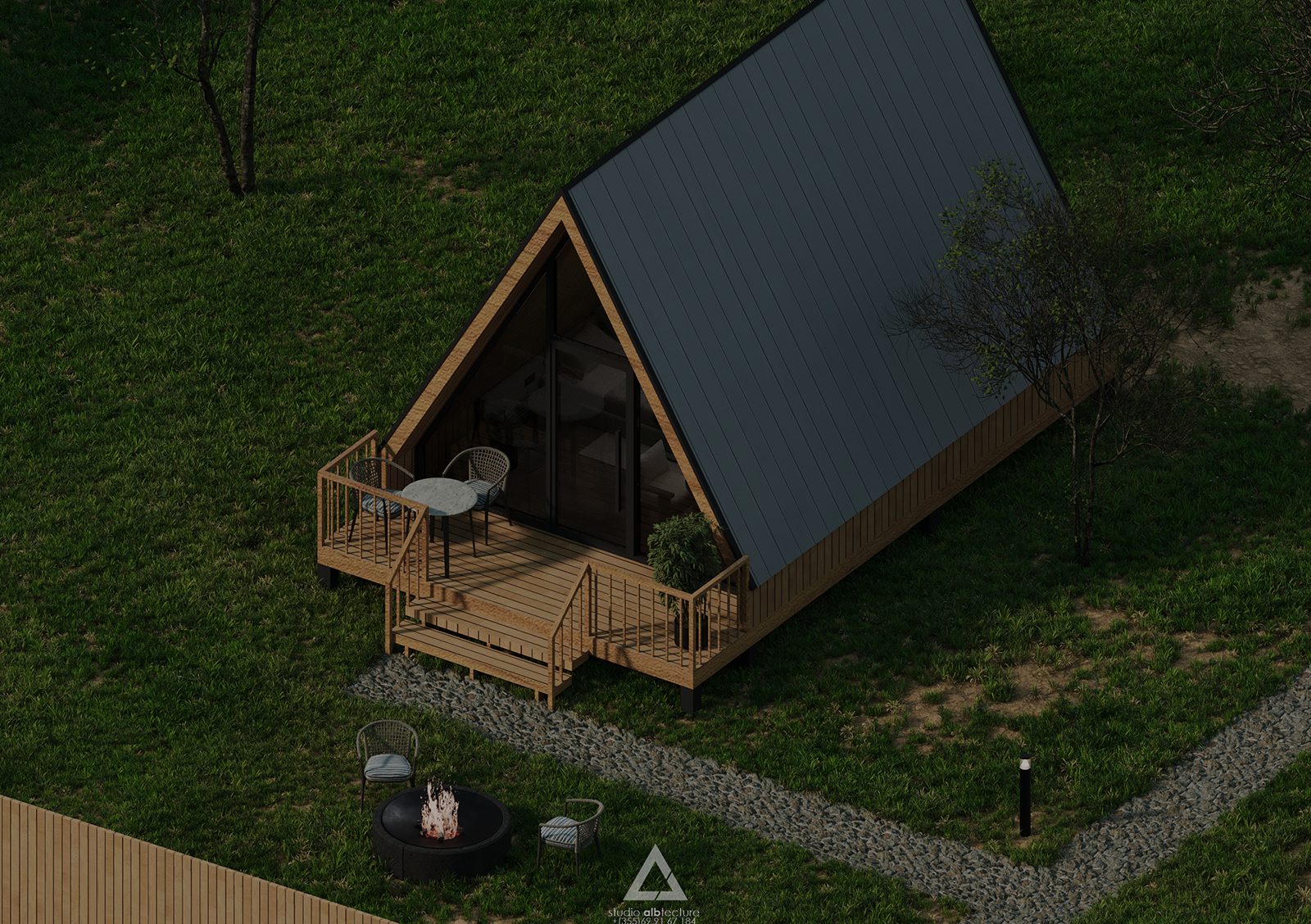 Ky projekt përfaqëson një kompleks glamping të projektuar si një resort i vogël pushimi, plotësisht i integruar me natyrën dhe me qasje të fortë ndaj arkitekturës së qëndrueshme. I zhvilluar nga Studio Albtecture, projekti përfshin një masterplan funksional, ku çdo element — nga vendosja e shtëpizave prej druri, deri te zonat e përbashkëta dhe peizazhi — është menduar për të krijuar një përvojë të qetë dhe komode për vizitorët. Struktura përbëhet nga 5 kabina druri (A-frame cabins) të konceptuara për akomodim individual, një zonë rekreative për fëmijë, një ndërtesë shërbimesh me kafe/restaurant, si dhe një sistem qarkullimi të brendshëm të ndërtuar me kujdes për të ofruar komoditet dhe siguri. Projekti është zhvilluar si një eco-resort, duke përdorur materiale natyrore, duke respektuar terrenin ekzistues dhe duke integruar elementë të peizazhit funksional, përfshirë pemë dekore, shtigje ekologjike, ndriçim ambienti dhe hapësira sociale. Falë organizimit të tij racional, projekti krijon një planimetri të qartë dhe efikase, ideale për zhvillues që kërkojnë të investojnë në turizëm natyror, glamping, bungalow resorts, komplekse agroturizmi, ose projekte të vogla hotelerie. Renders-at e realizuara shfaqin qartë arkitekturën, planifikimin, peizazhin dhe atmosferën e përgjithshme të projektit, duke e bërë këtë një shembull ideal të projektimit arkitekturor bashkëkohor, të kombinuar me estetikë minimaliste dhe zgjidhje funksionale.