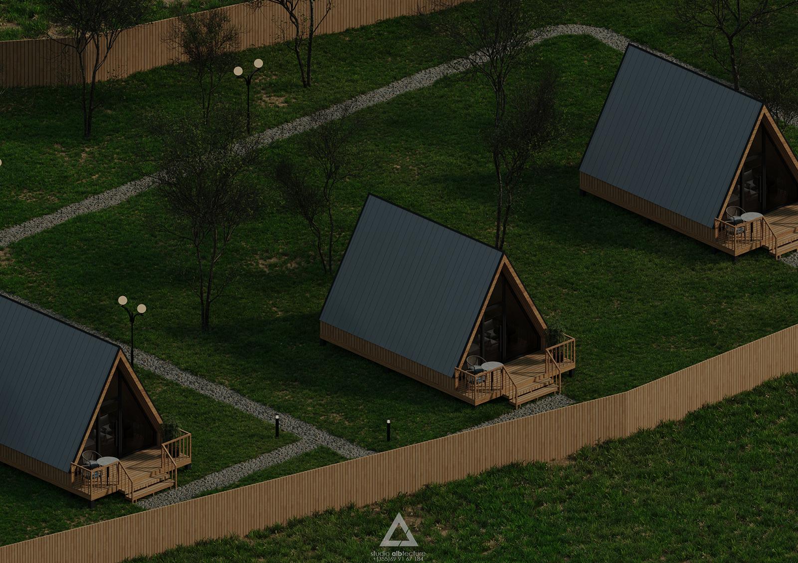 Ky projekt përfaqëson një kompleks glamping të projektuar si një resort i vogël pushimi, plotësisht i integruar me natyrën dhe me qasje të fortë ndaj arkitekturës së qëndrueshme. I zhvilluar nga Studio Albtecture, projekti përfshin një masterplan funksional, ku çdo element — nga vendosja e shtëpizave prej druri, deri te zonat e përbashkëta dhe peizazhi — është menduar për të krijuar një përvojë të qetë dhe komode për vizitorët. Struktura përbëhet nga 5 kabina druri (A-frame cabins) të konceptuara për akomodim individual, një zonë rekreative për fëmijë, një ndërtesë shërbimesh me kafe/restaurant, si dhe një sistem qarkullimi të brendshëm të ndërtuar me kujdes për të ofruar komoditet dhe siguri. Projekti është zhvilluar si një eco-resort, duke përdorur materiale natyrore, duke respektuar terrenin ekzistues dhe duke integruar elementë të peizazhit funksional, përfshirë pemë dekore, shtigje ekologjike, ndriçim ambienti dhe hapësira sociale. Falë organizimit të tij racional, projekti krijon një planimetri të qartë dhe efikase, ideale për zhvillues që kërkojnë të investojnë në turizëm natyror, glamping, bungalow resorts, komplekse agroturizmi, ose projekte të vogla hotelerie. Renders-at e realizuara shfaqin qartë arkitekturën, planifikimin, peizazhin dhe atmosferën e përgjithshme të projektit, duke e bërë këtë një shembull ideal të projektimit arkitekturor bashkëkohor, të kombinuar me estetikë minimaliste dhe zgjidhje funksionale.