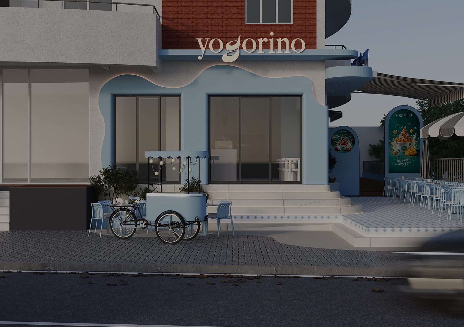 Yogorino Tirana, jogurteri Tirane, frozen yogurt Tirana, design jogurterie, projekt jogurterie, Albtecture Studio, studio arkitekture Tirane, arkitekt Tirane, commercial design Tirana, interior design cafe Tirana, design fasade moderne, fasade biznesi Tirane, retail design Albania, cafe exterior design, shopfront design Tirana, urban design Tirana, arkitekture komerciale, koncept arkitektonik dyqan, branding ne arkitekture, facade lighting design, pastel architecture design, blue white facade design, modern cafe design exterior, organic shapes architecture, minimal commercial design, contemporary storefront design, outdoor seating cafe design, terrace cafe design Tirana