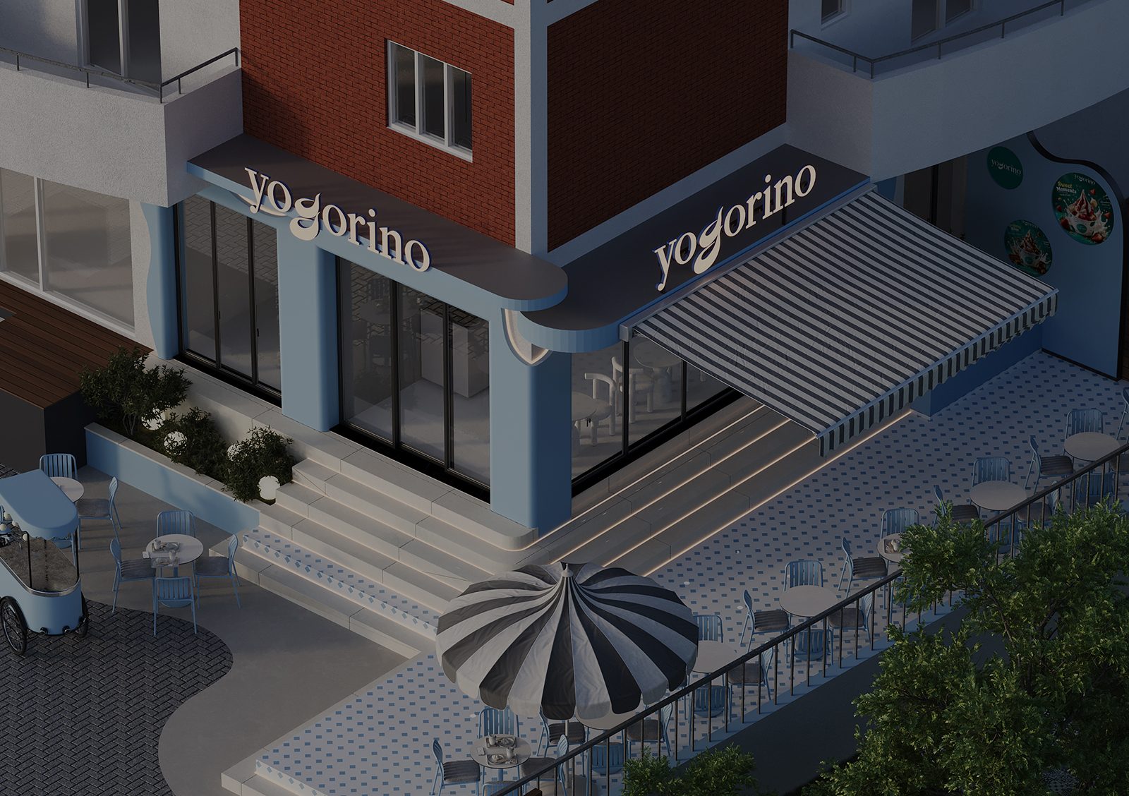 Yogorino Tirana, jogurteri Tirane, frozen yogurt Tirana, design jogurterie, projekt jogurterie, Albtecture Studio, studio arkitekture Tirane, arkitekt Tirane, commercial design Tirana, interior design cafe Tirana, design fasade moderne, fasade biznesi Tirane, retail design Albania, cafe exterior design, shopfront design Tirana, urban design Tirana, arkitekture komerciale, koncept arkitektonik dyqan, branding ne arkitekture, facade lighting design, pastel architecture design, blue white facade design, modern cafe design exterior, organic shapes architecture, minimal commercial design, contemporary storefront design, outdoor seating cafe design, terrace cafe design Tirana