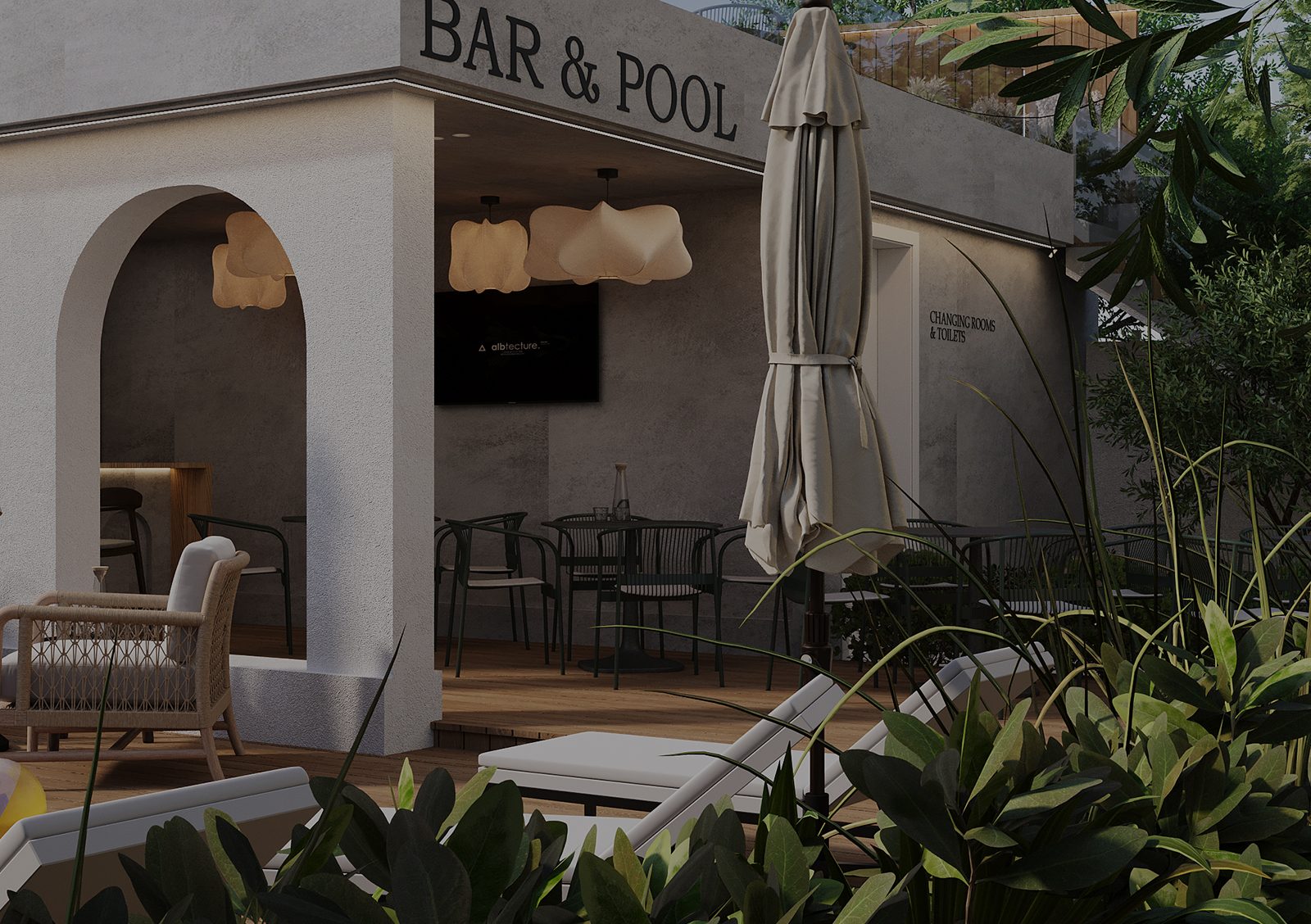 architecture in Tirana, architecture in Albania, modern architecture, architecture studio Albania, landscape architecture, outdoor design, terrace design, rooftop terrace, bar and pool design, landscape oasis, garden terrace, urban oasis, modern courtyard design, minimal design, Mediterranean style, natural materials, contemporary architecture, sustainable design, studio arkitekture Shqipëri, projekt arkitekture Tiranë, dizajn peizazhi modern