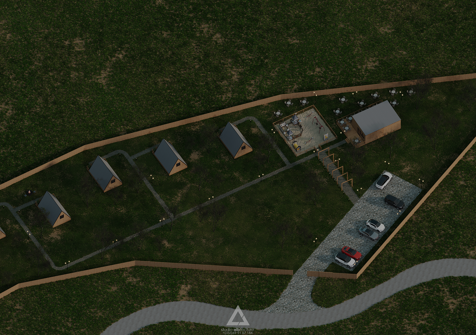 Ky projekt përfaqëson një kompleks glamping të projektuar si një resort i vogël pushimi, plotësisht i integruar me natyrën dhe me qasje të fortë ndaj arkitekturës së qëndrueshme. I zhvilluar nga Studio Albtecture, projekti përfshin një masterplan funksional, ku çdo element — nga vendosja e shtëpizave prej druri, deri te zonat e përbashkëta dhe peizazhi — është menduar për të krijuar një përvojë të qetë dhe komode për vizitorët. Struktura përbëhet nga 5 kabina druri (A-frame cabins) të konceptuara për akomodim individual, një zonë rekreative për fëmijë, një ndërtesë shërbimesh me kafe/restaurant, si dhe një sistem qarkullimi të brendshëm të ndërtuar me kujdes për të ofruar komoditet dhe siguri. Projekti është zhvilluar si një eco-resort, duke përdorur materiale natyrore, duke respektuar terrenin ekzistues dhe duke integruar elementë të peizazhit funksional, përfshirë pemë dekore, shtigje ekologjike, ndriçim ambienti dhe hapësira sociale. Falë organizimit të tij racional, projekti krijon një planimetri të qartë dhe efikase, ideale për zhvillues që kërkojnë të investojnë në turizëm natyror, glamping, bungalow resorts, komplekse agroturizmi, ose projekte të vogla hotelerie. Renders-at e realizuara shfaqin qartë arkitekturën, planifikimin, peizazhin dhe atmosferën e përgjithshme të projektit, duke e bërë këtë një shembull ideal të projektimit arkitekturor bashkëkohor, të kombinuar me estetikë minimaliste dhe zgjidhje funksionale.