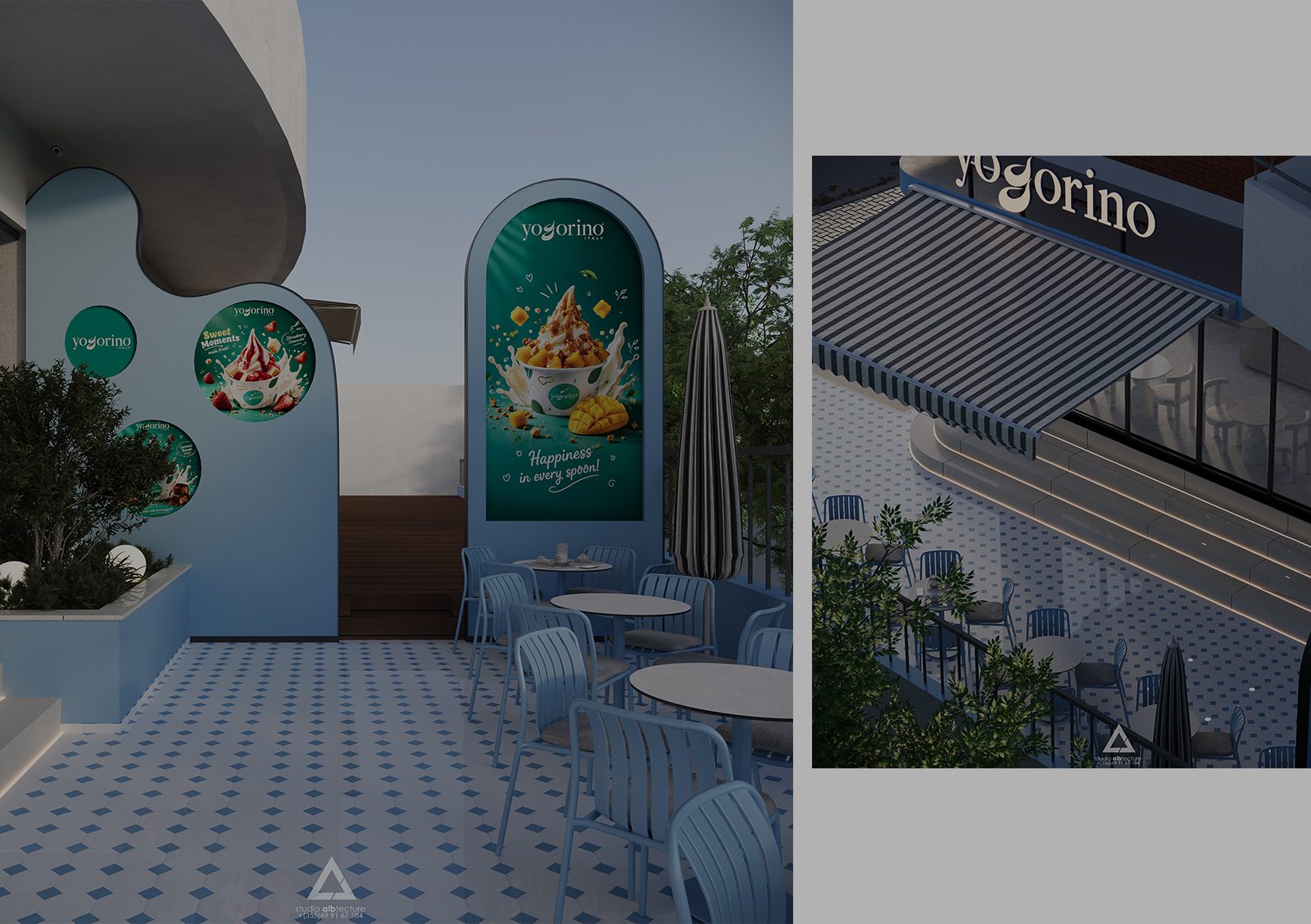 Yogorino Tirana, jogurteri Tirane, frozen yogurt Tirana, design jogurterie, projekt jogurterie, Albtecture Studio, studio arkitekture Tirane, arkitekt Tirane, commercial design Tirana, interior design cafe Tirana, design fasade moderne, fasade biznesi Tirane, retail design Albania, cafe exterior design, shopfront design Tirana, urban design Tirana, arkitekture komerciale, koncept arkitektonik dyqan, branding ne arkitekture, facade lighting design, pastel architecture design, blue white facade design, modern cafe design exterior, organic shapes architecture, minimal commercial design, contemporary storefront design, outdoor seating cafe design, terrace cafe design Tirana