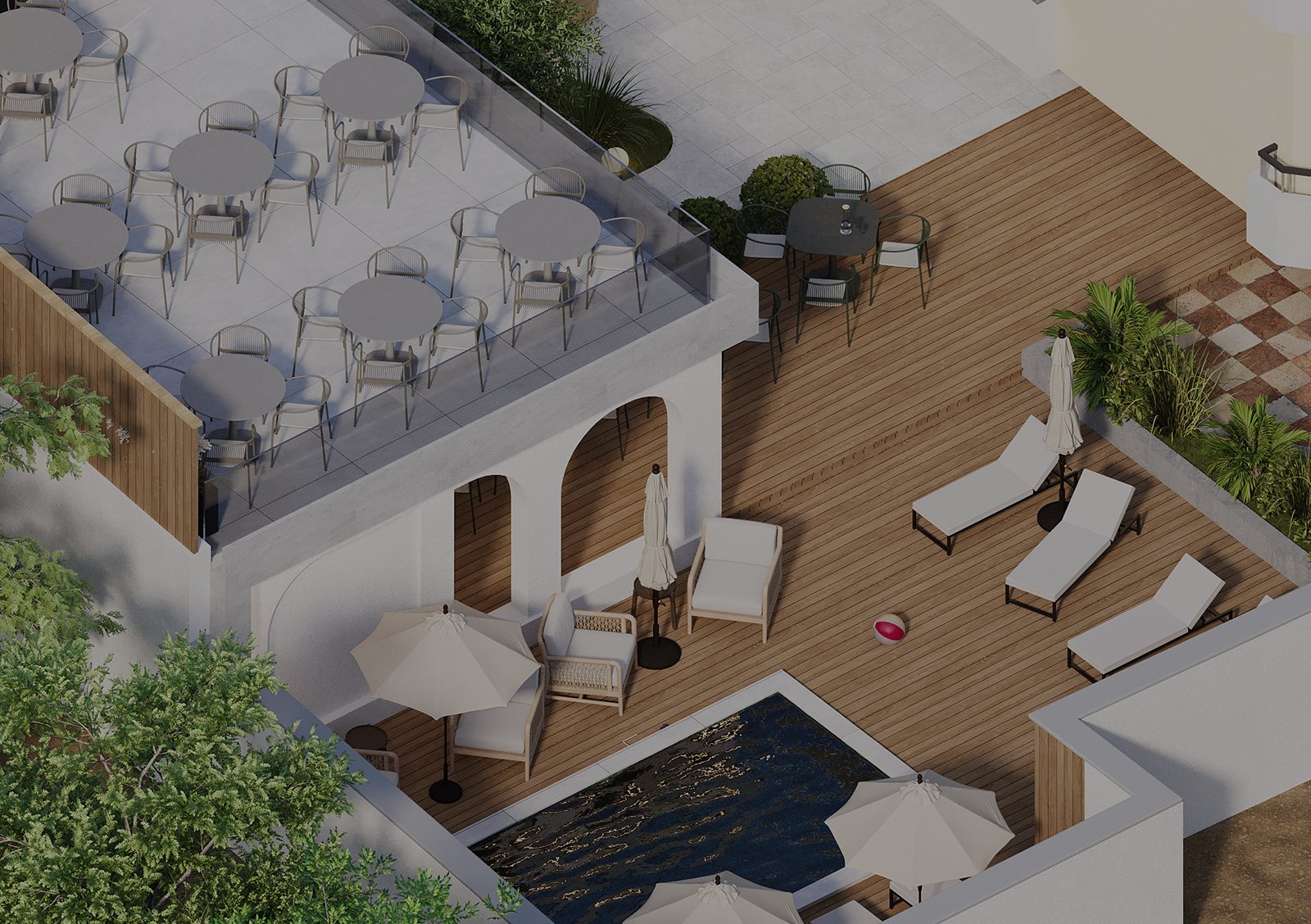 architecture in Tirana, architecture in Albania, modern architecture, architecture studio Albania, landscape architecture, outdoor design, terrace design, rooftop terrace, bar and pool design, landscape oasis, garden terrace, urban oasis, modern courtyard design, minimal design, Mediterranean style, natural materials, contemporary architecture, sustainable design, studio arkitekture Shqipëri, projekt arkitekture Tiranë, dizajn peizazhi modern